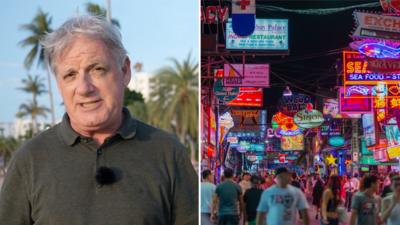 Split image, on the left is a man standing in front of palm trees and a blue sky. On the right is a night-time scene of Pattaya with large neon signs