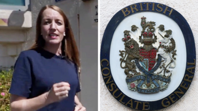 Split image: Yolande Knell stands next to the East Jerusalem building, and the British consulate coat of arms before it was removed.