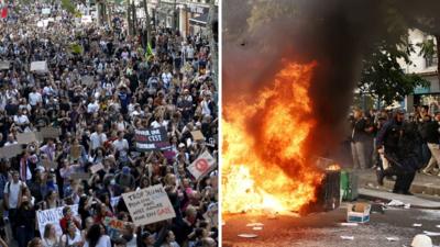 Composite image of peaceful protesters and a bin set on fire in Paris