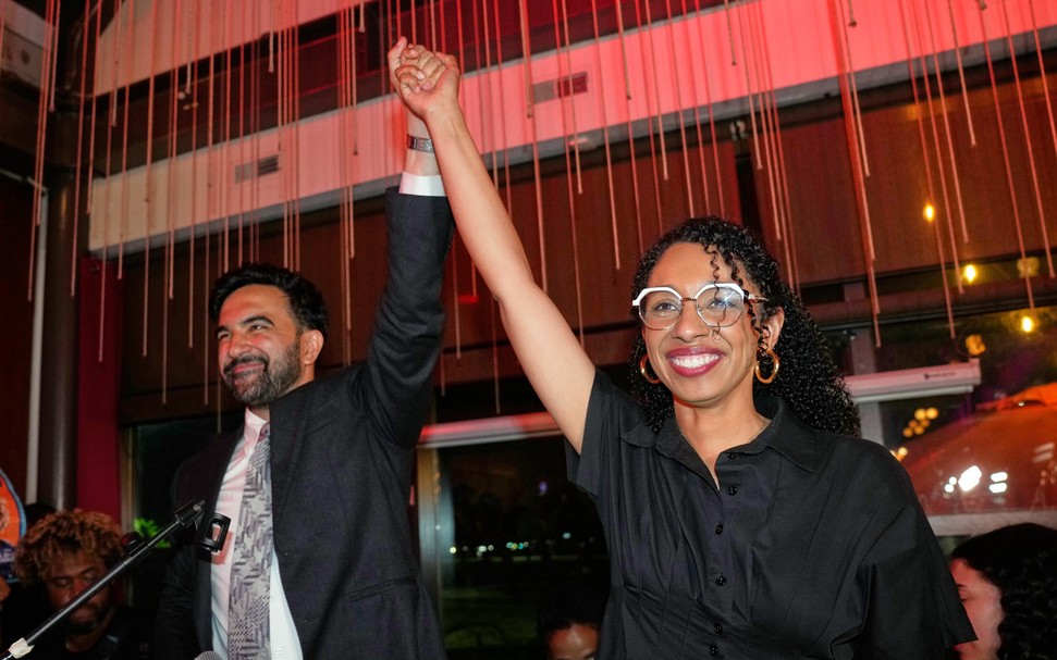 New York City Mayor Zohran Mamdani celebrates with Democratic congressional candidate Darializa Avila Chevalier during an election night watch party Tuesday, June 23, 2026, in New York. (AP Photo/Seth Wenig)