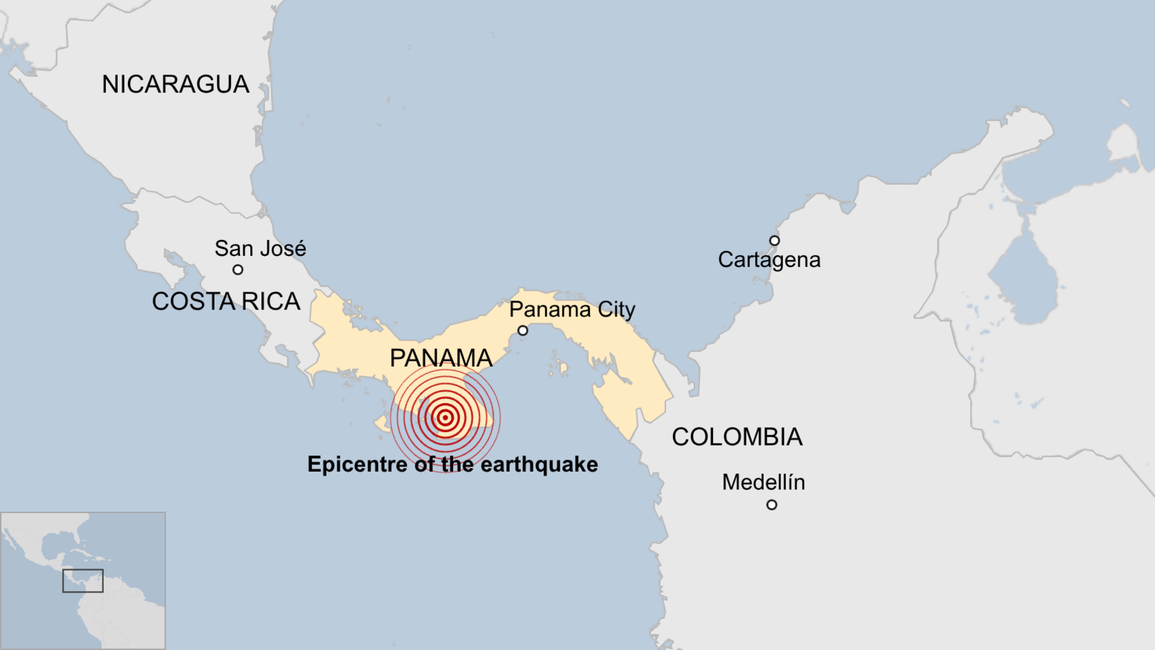 A map of Panama, with the epicentre of the earthquake hitting the southern tip of Panama, more than 100 miles from Panama City which is to the north east of the earthquakes epicentre. The neighbouring countries of Nicaragua, Costa Rica, and Colombia can also be seen
