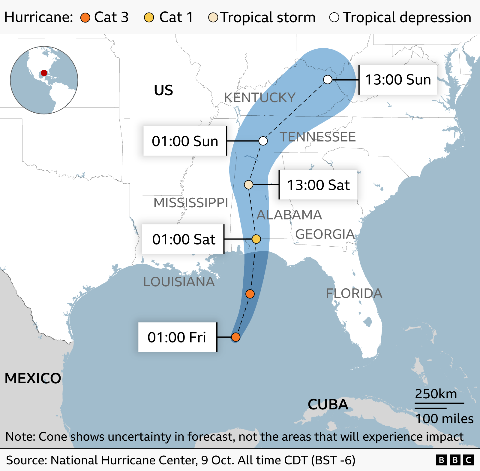 This graphic shows the forecasted path of Hurricane Isaias from Friday through Sunday. A cone projects it making landfall on the coast of Alabama before tracking north into the mainland US.