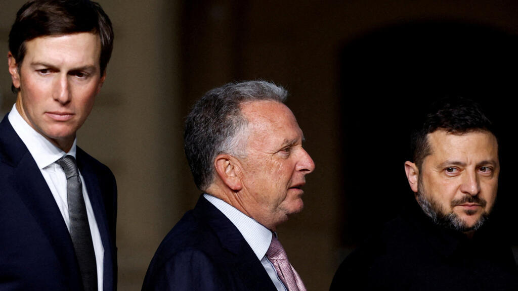 Ukraine's President Volodymyr Zelensky, U.S. Special Envoy Steve Witkoff and Jared Kushner, U.S. President Donald Trump's son-in-law, after a joint news conference.