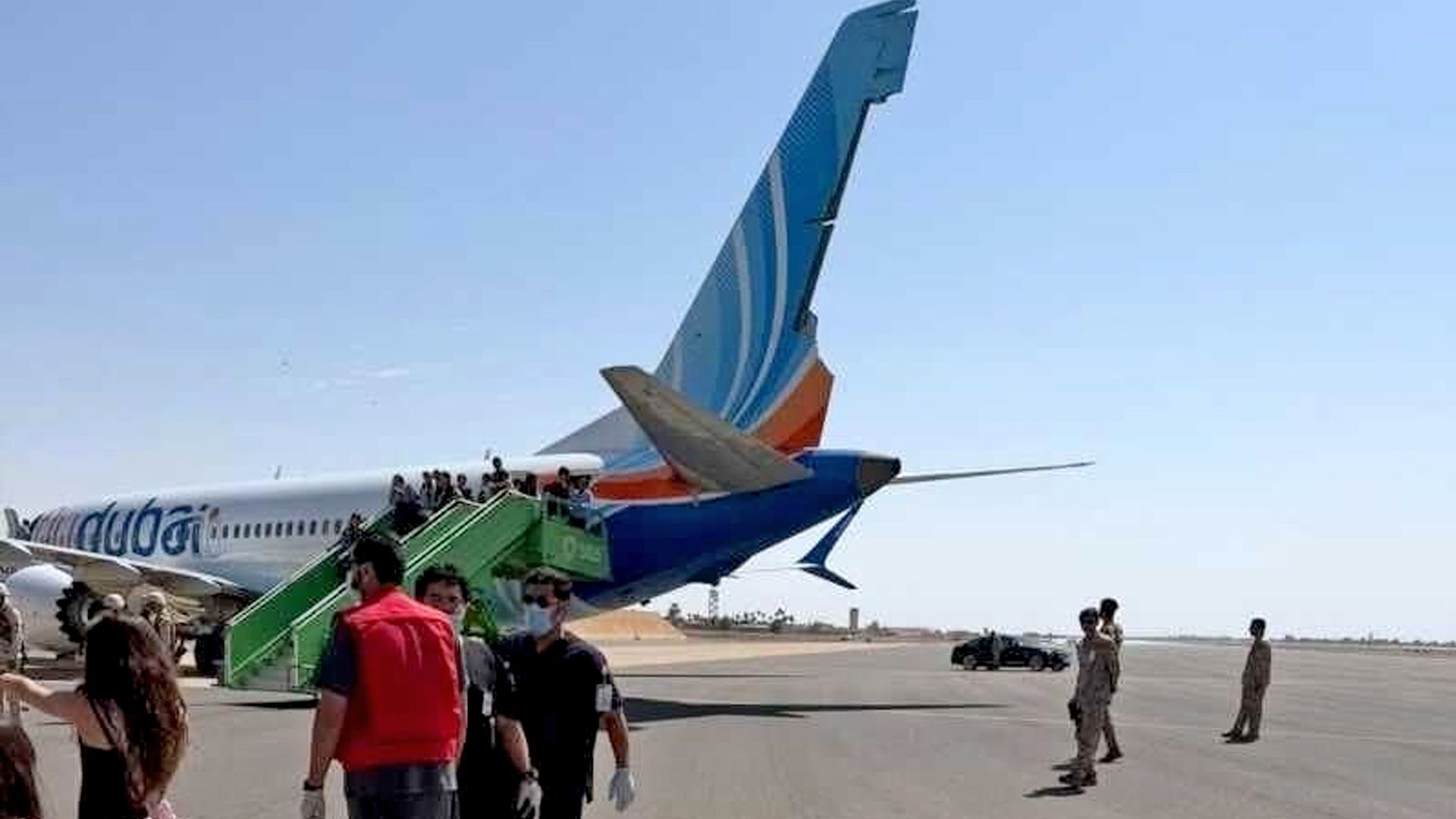 The Flydubai aircraft after its emergency landing appears to show it has sustained damage to its tail fin. Photo: 30 September 2026
