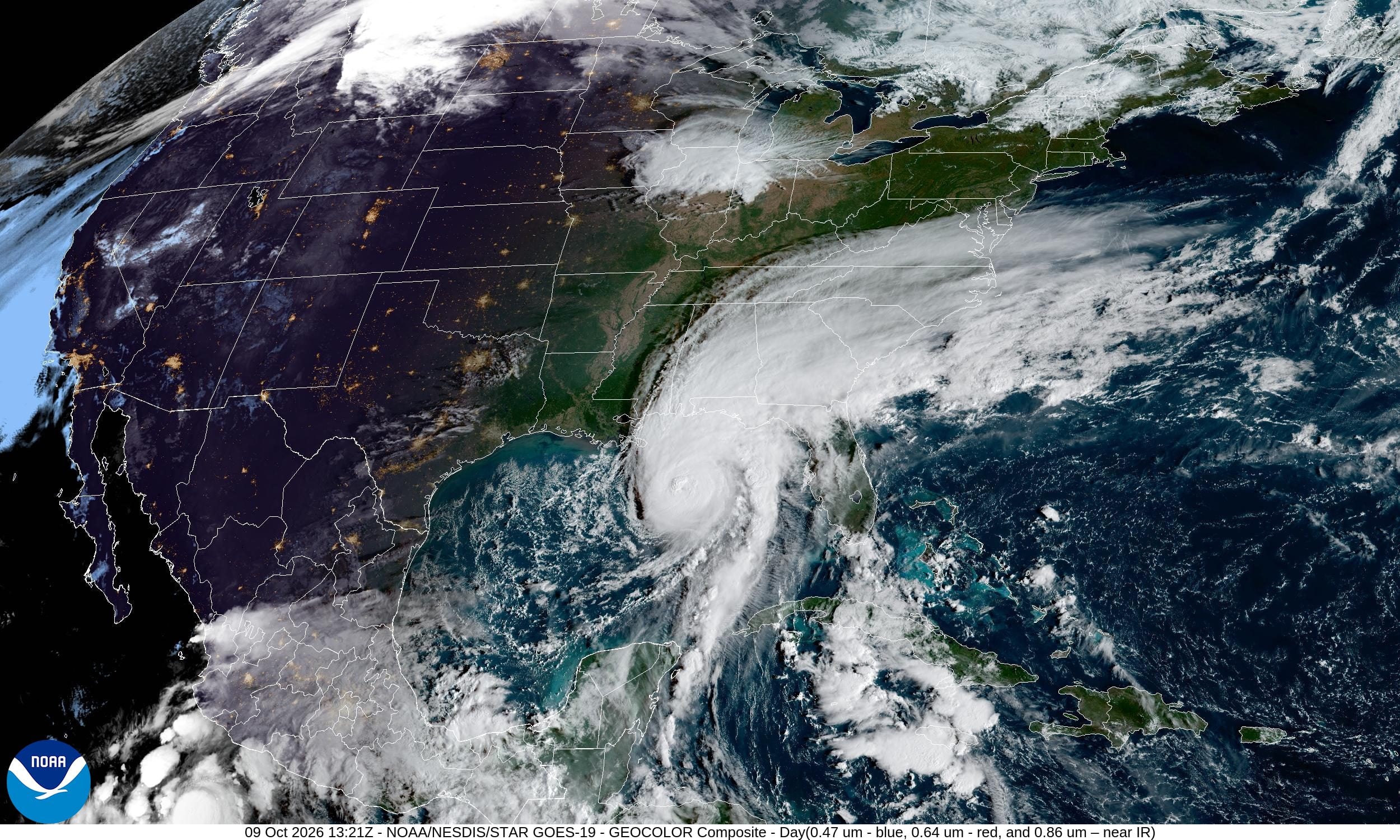 NOAA GOES-19 satellite image of Category 3 Hurricane Isaias approaching the northern Gulf Coast on October 9, 2026, with its eye visible over the Gulf of Mexico.