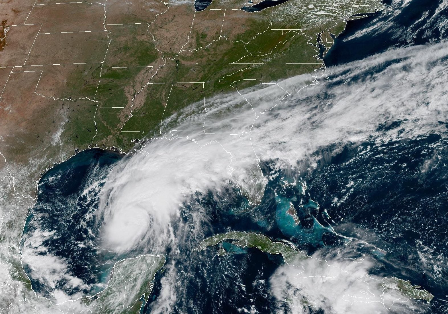 NOAA GOES-19 satellite image showing Hurricane Isaias swirling over the Gulf of Mexico on October 8, 2026.