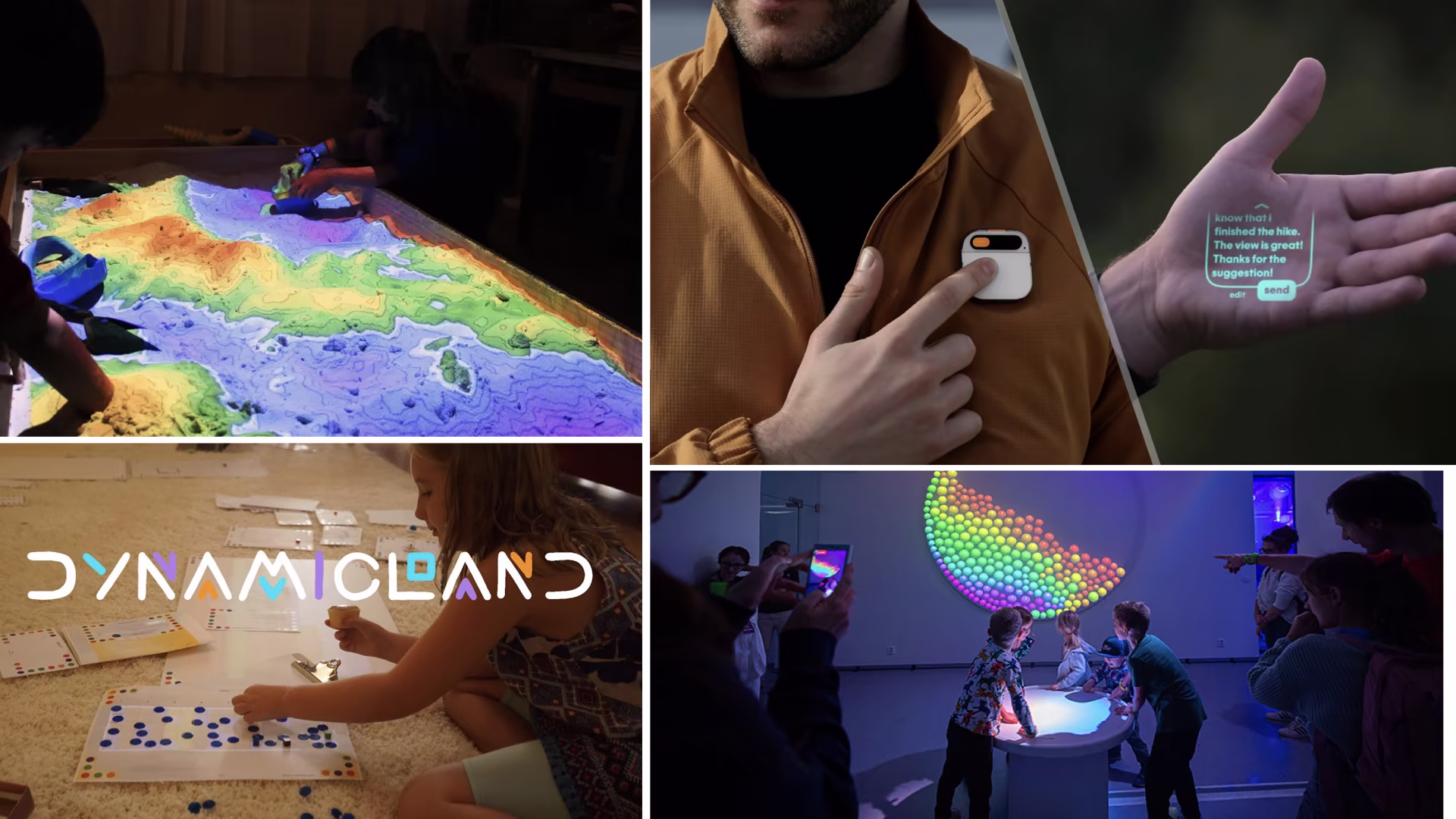 Side by side images showing projected content in a museum; a marketing shot for the Humane Pin; the Dynamicland.org title card