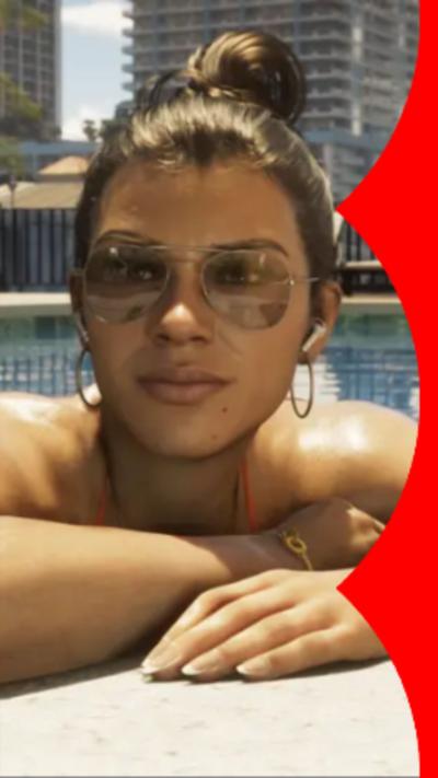 A computer-generated image of a woman with sunglasses leaning on the edge of a pool.