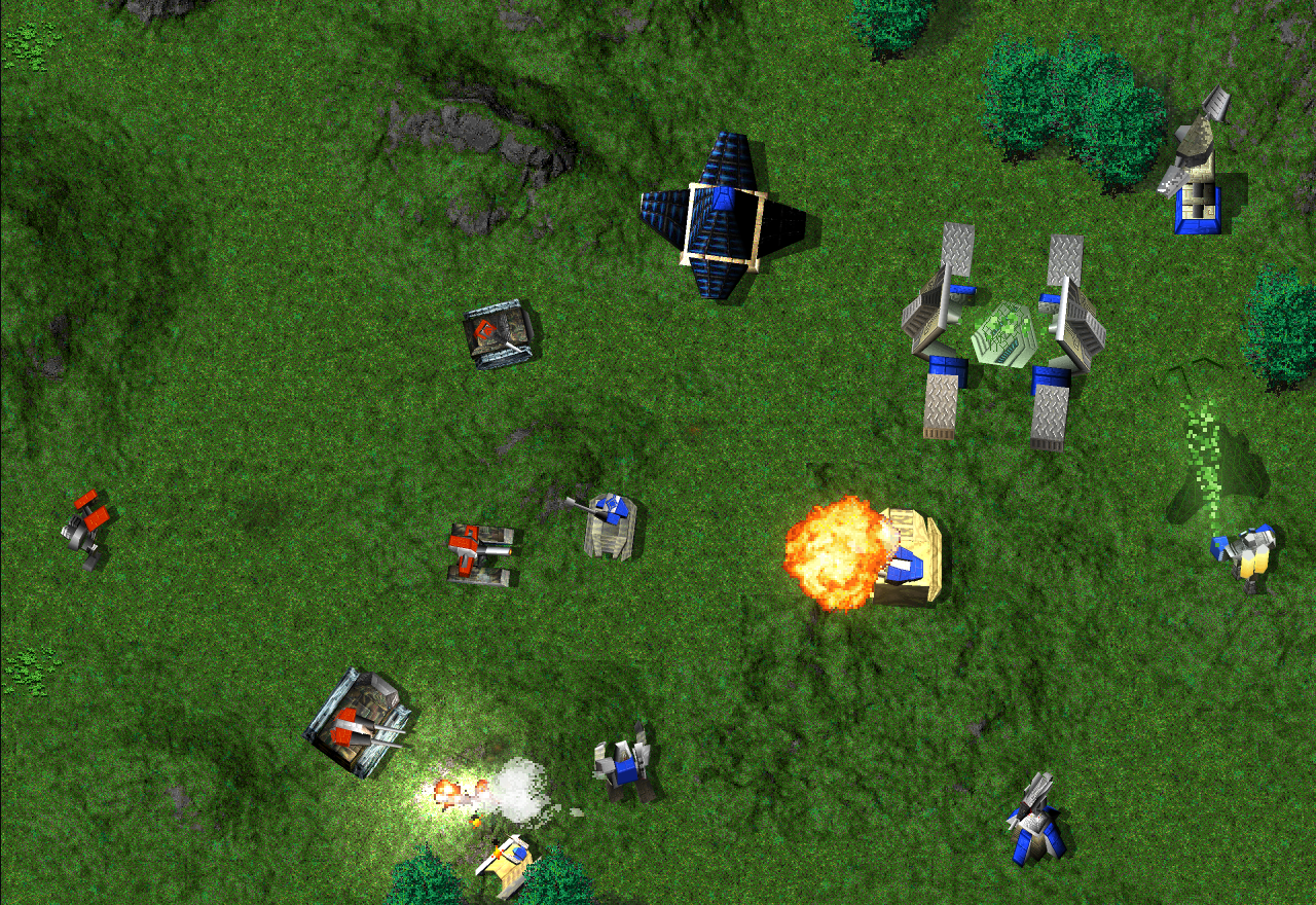 An ARM base, tanks and kbots during combat in Nanolathe’s modern GPU renderer