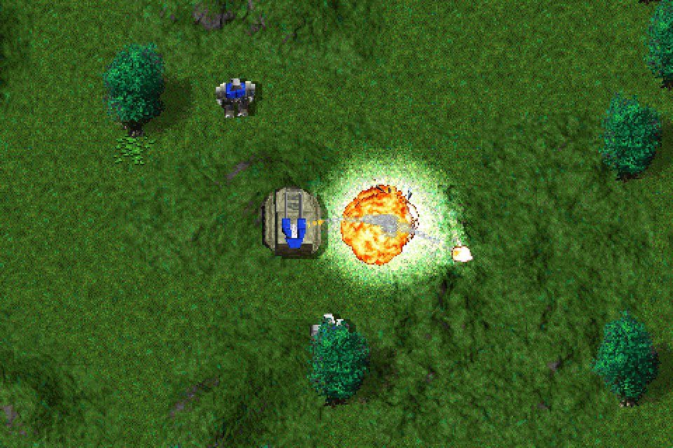 The same Jeffy explosion and Bulldog tank, committed tick and 2× camera in Nanolathe’s Classic CPU renderer using original-resolution terrain