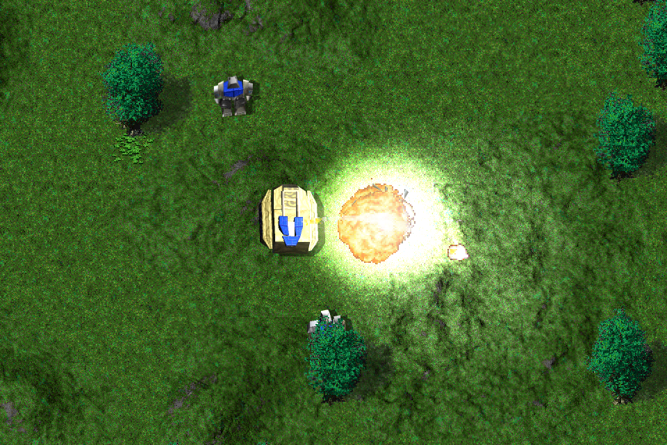 Modern GPU renderer with 2× synthesized terrain, lighting and glow: a Jeffy explosion lights a nearby Bulldog tank on Greenhaven