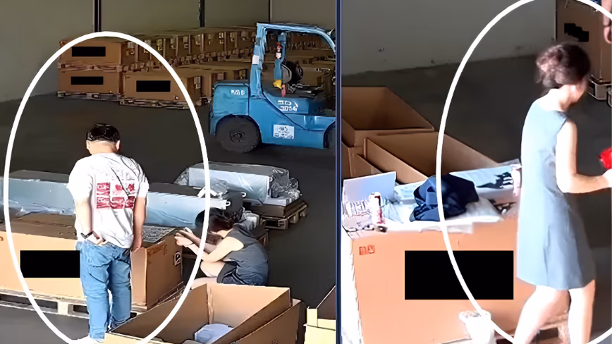 Two surveillance stills released by the Justice Department, each circling a person working beside large cardboard boxes in a warehouse.