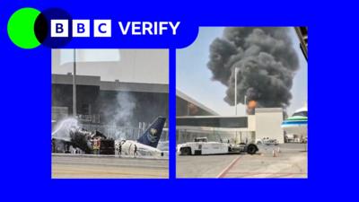 A damaged plane and a smoke cloud following strikes at King Khalid International Airport in Riyadh, in a BBC Verify branded border.