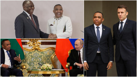 Le président de la transition à Madagascar Michaël Randrianirina avec le Sud-Africain Cyril Ramaphosa (en haut à gauche), le Russe Vladimir Poutine (en bas à gauche) et le Français Emmanuel Macron (à droite).