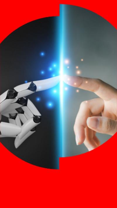 Depiction of AI robot hand and human hand touching