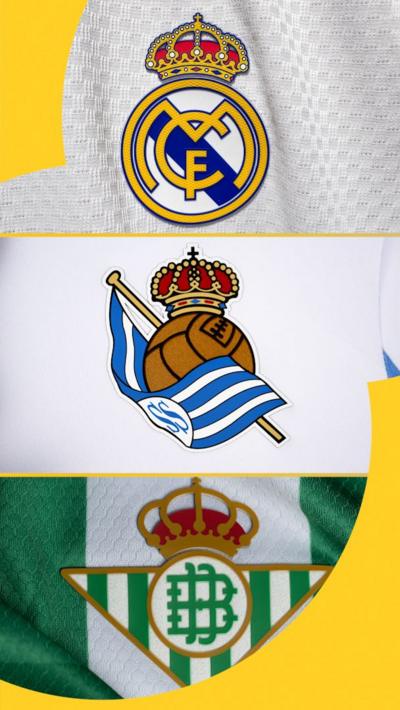 Real Madrid, Real Sociedad, and Real Betis badges in a three-way split. Each has white backgrounds behind them, apart from Betis that has green-and-white.