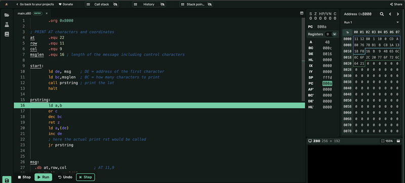 I also made a version of it in asm-editor you can try. If you click that link, you’ll see a version of the code loaded into the web editor. Click “Build”, and then step through the code using the “Step” button - although no text will be actually displayed (I skipped over the call to the Spectrum ROM “restart” vector that does this), you’ll see the various states of the registers and for example the BC register counting down as each byte of the string is processed.