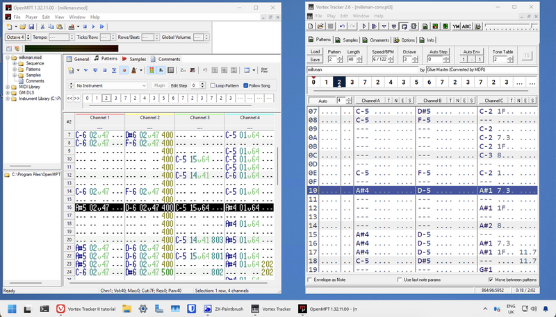 Note the 11.7 in the 3rd channel of the Spectrum version. This is a “pitch slide down” effect in Vortex Tracker syntax, which drops the pitch by about a quarter-tone. It’s repeated on the next line, so the overall effect is a slide down from the A# that leads in to the next bass note. The original Amiga mod does the same thing using its own syntax - those are the 202 s you can see on the same notes, at the bottom of the 4th track.