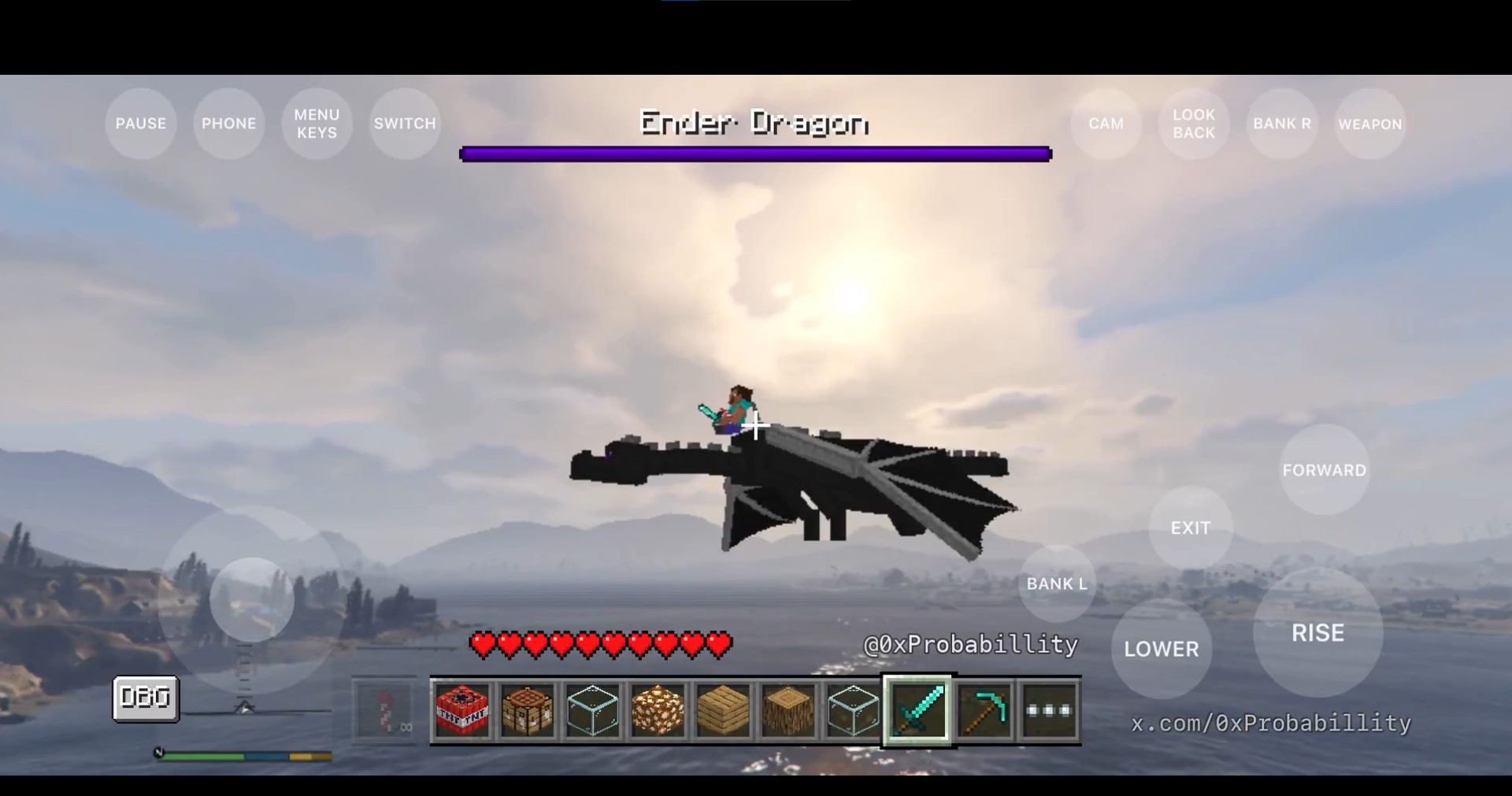 Steve riding Ender Dragon in GTA V on iPhone