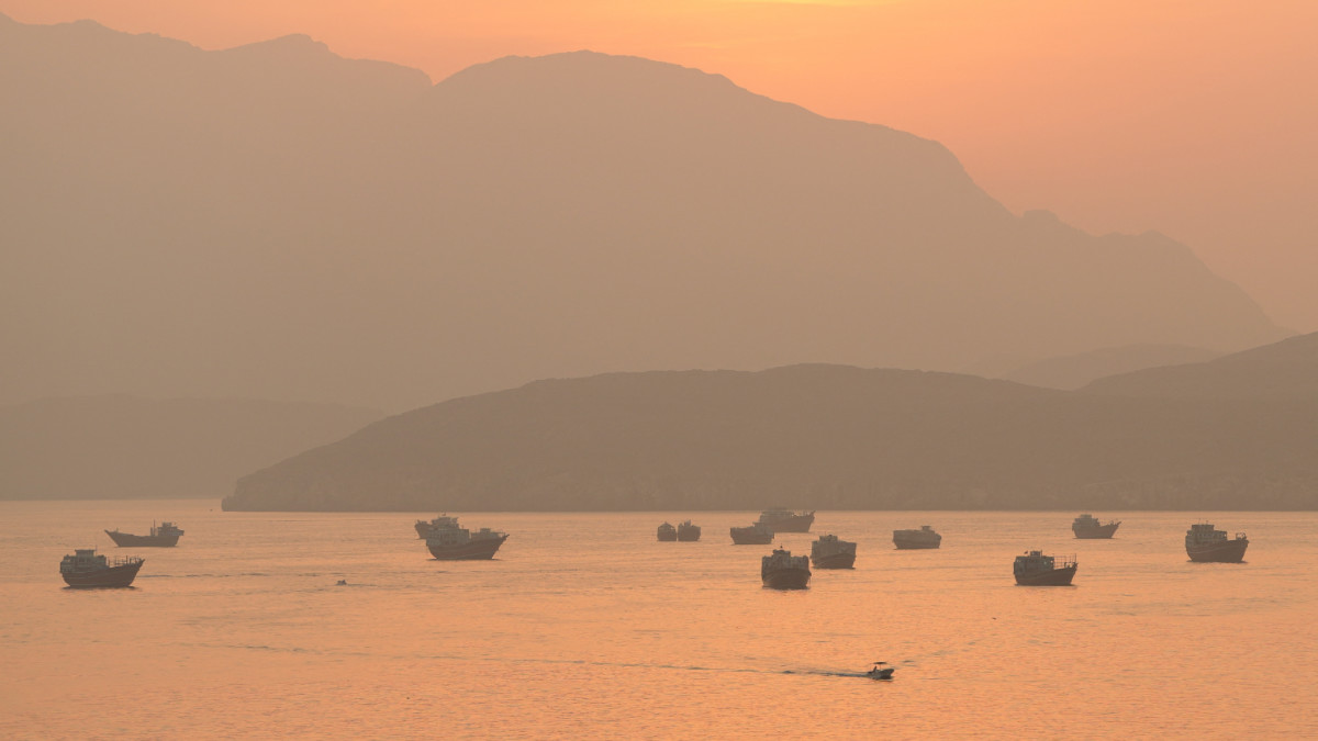 Vessels in the Strait of Hormuz, as seen from Musandam, Oman, on 12 October 2026 (Reuters/Stringer)