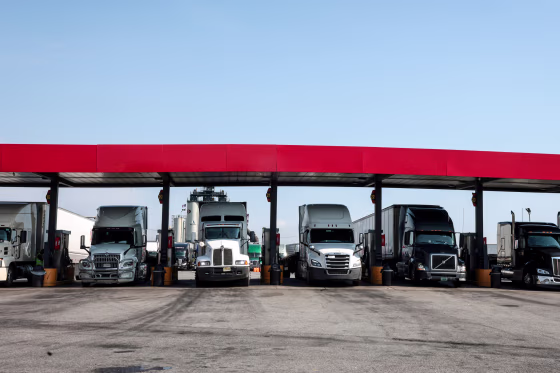 Trucks are parked at a Pilot gas station