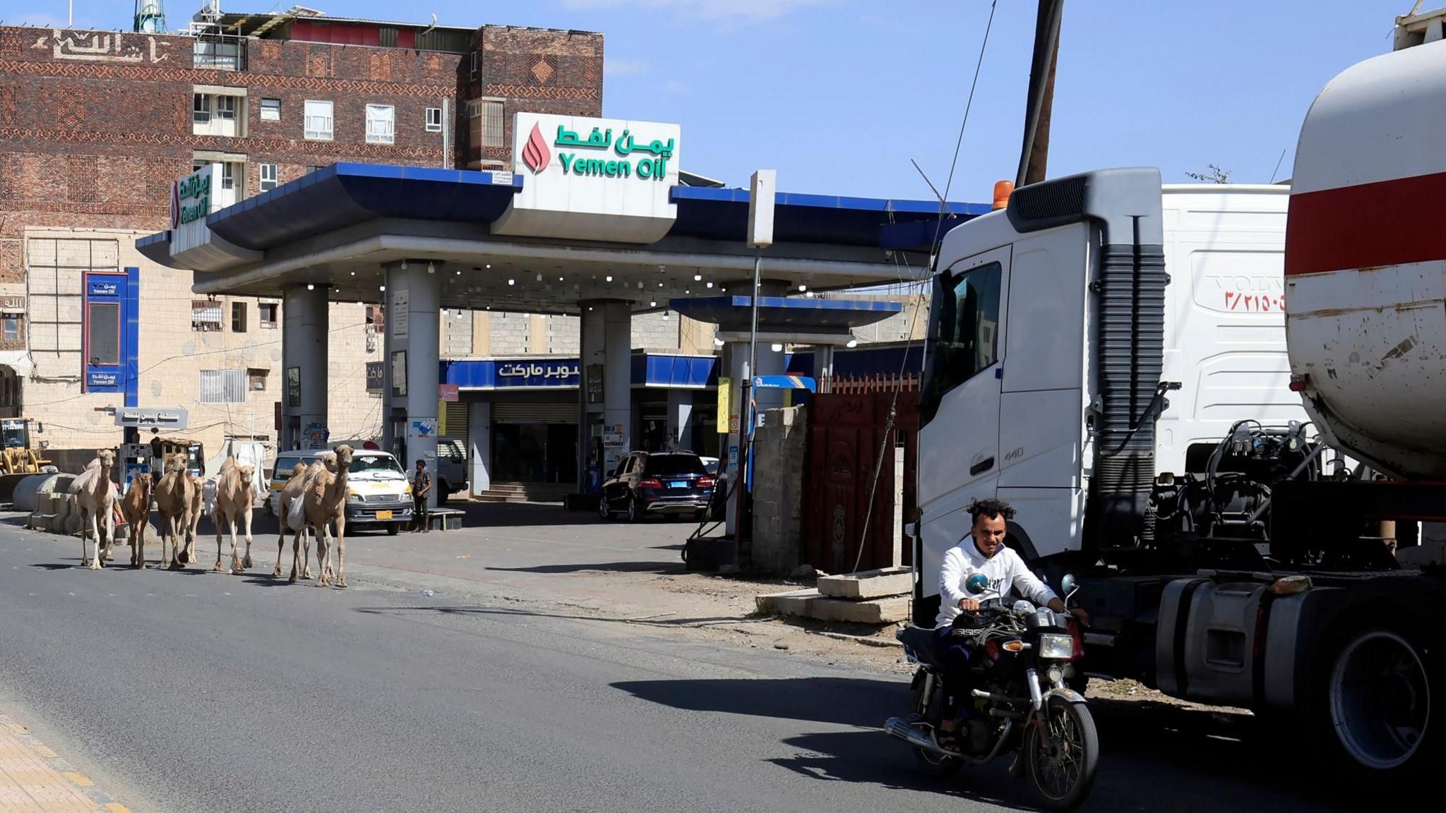 A man rides a motorcycle past a petrol station in Sanaa, Yemen, as a herd of camels also passes (13 October 2026)