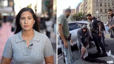 Split screen. Left, Nada Tawfik. Right, body cam footage of the ICE shooting.