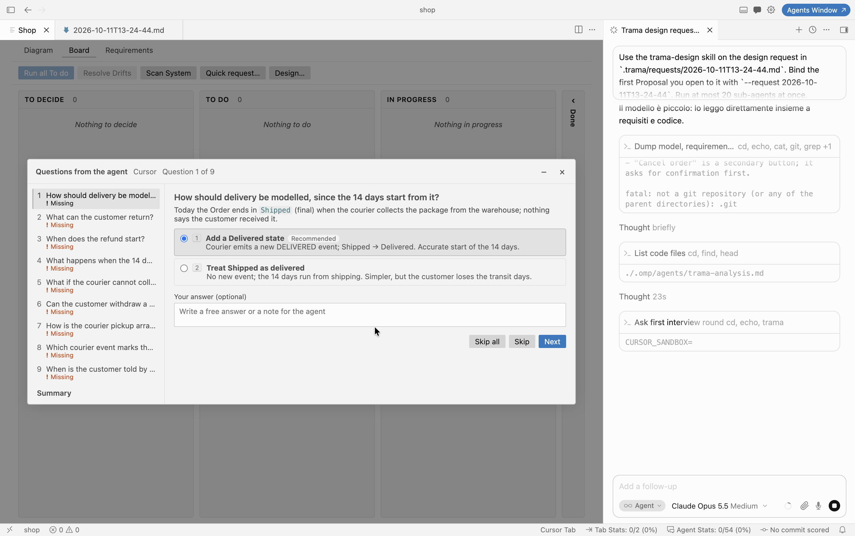 The agent's questions, with its recommended answer already selected