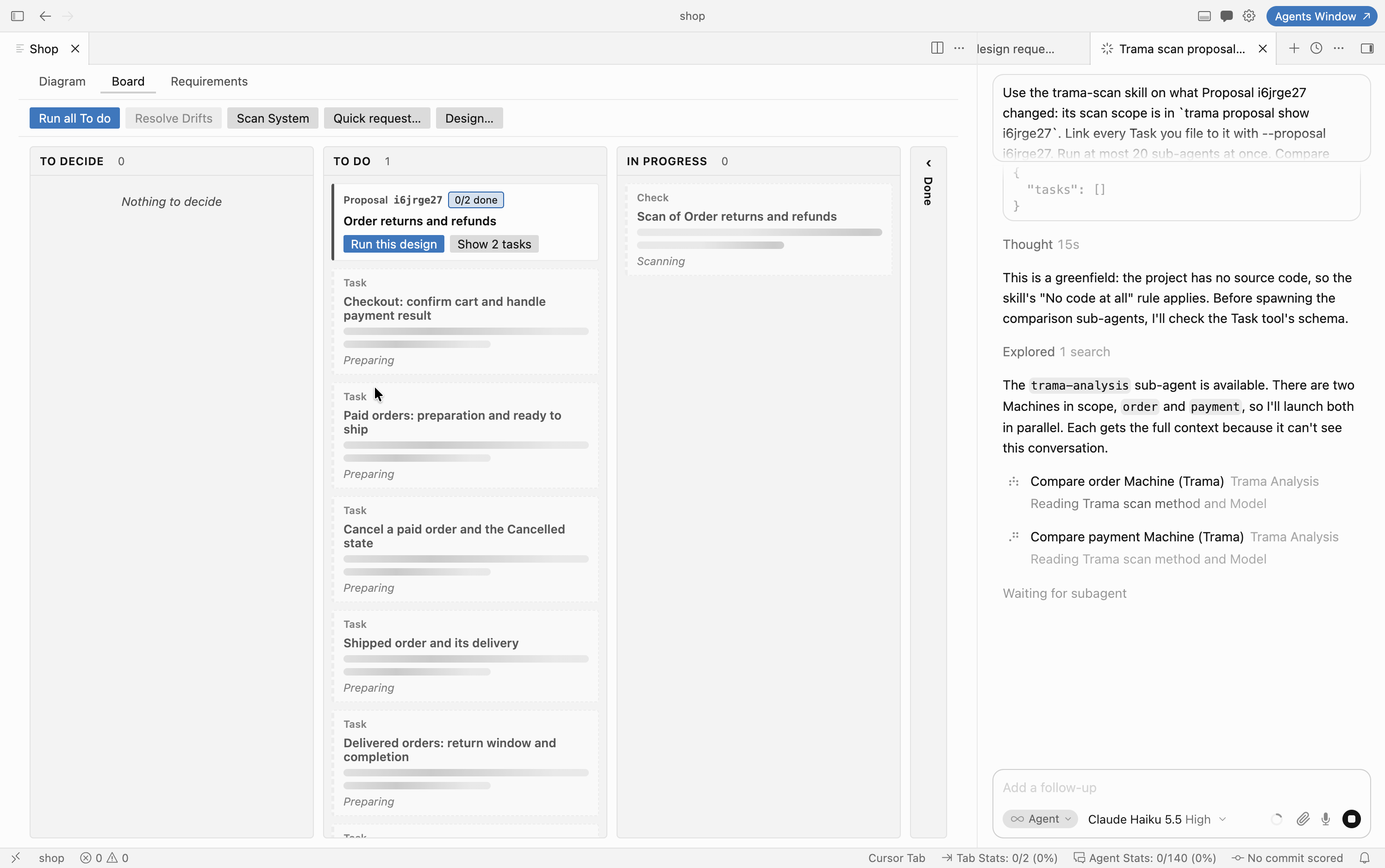 Tasks appearing on the Board while the agent prepares them