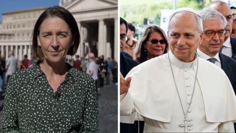 Split screen image. On the left, Sarah Rainsford. On the right, Pope Leo XIV.