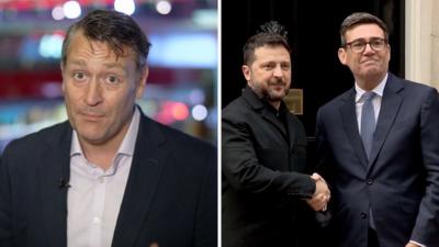 Joe Inwood on the left and Zelensky and Burnham shaking hands outside Downing Street on the right