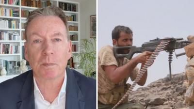 Left, Frank Gardner. Right, a Houthi rebel with a gun.