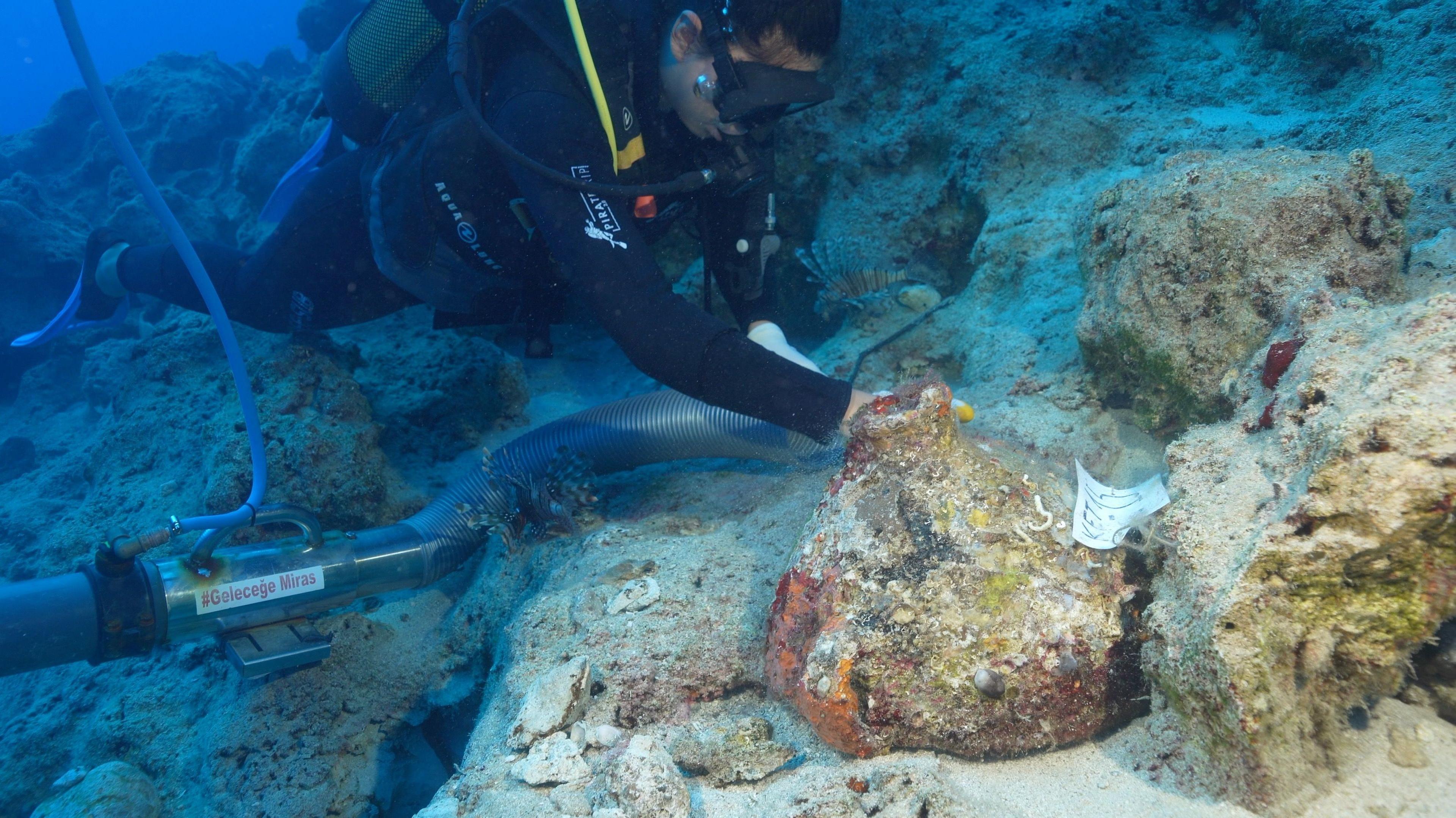 A diver on the top left hand side of the picture is working underwater to uncover an amphora. They are wearing a black wet suit with some white writing on it and a yellow stripe. They have black goggles. A long tube, like the sort you find on a vacuum cleaner,  is being used to remove the sand that has been covering the ship's cargo.  In the foreground and slightly to the right is an amphora. It is mostly covered in a sort of multicoloured rocky crust and it is sitting on a small ledge but some patches of the reddish clay are visible. There is a piece of paper with some numbers and letters written on it attached to the pot. To the right and behind is a small ridge of rocks. 