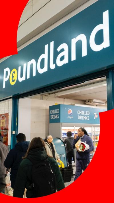 Customers walking in and out of the entrance to Poundland store.
