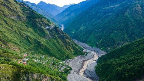 An aerial view shows the aftermath of flooding on August 26 along the Bhotekoshi River, which affected low-lying areas and settlements near the riverbanks in Syabrubesi Bazar, Rasuwa, Nepal, on September 1, 2026