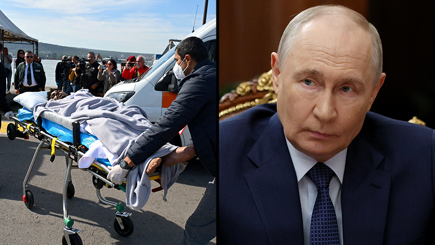 Putin and the evacuation of crew members from the ship attacked last week, also off the coast of Bulgaria (Photo: Petko Momchilov/Reuters, Vyacheslav Prokofyev, Sputnik, Kremlin Pool Photo via AP) פינוי פצועים מ ספינה שהותקפה ב הים השחור מול חופי בולגריה בעיר ורנה 6 באוקטובר