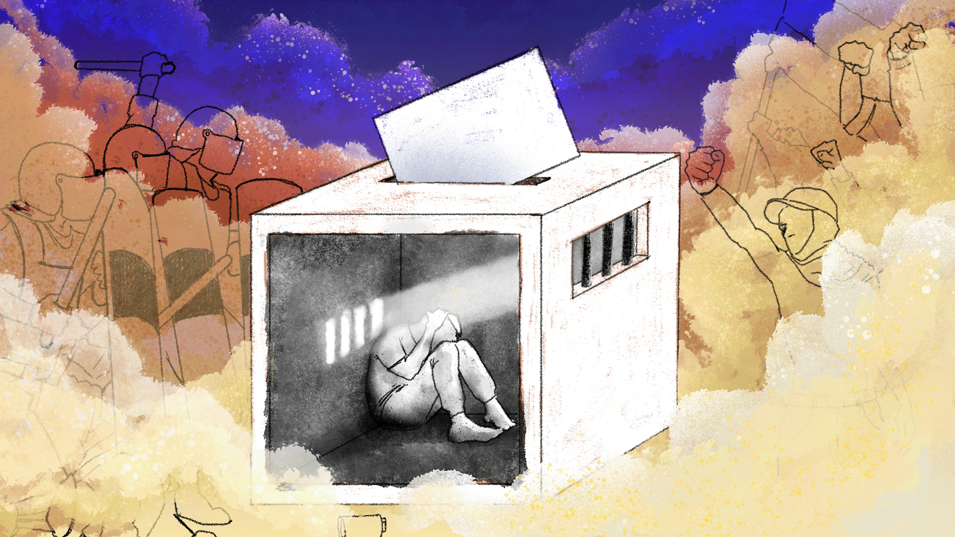 Illustration of a man in a cell in the form of a ballot box
