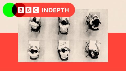 Aerial shot of nine pupils sat at spaced desks in an exam hall