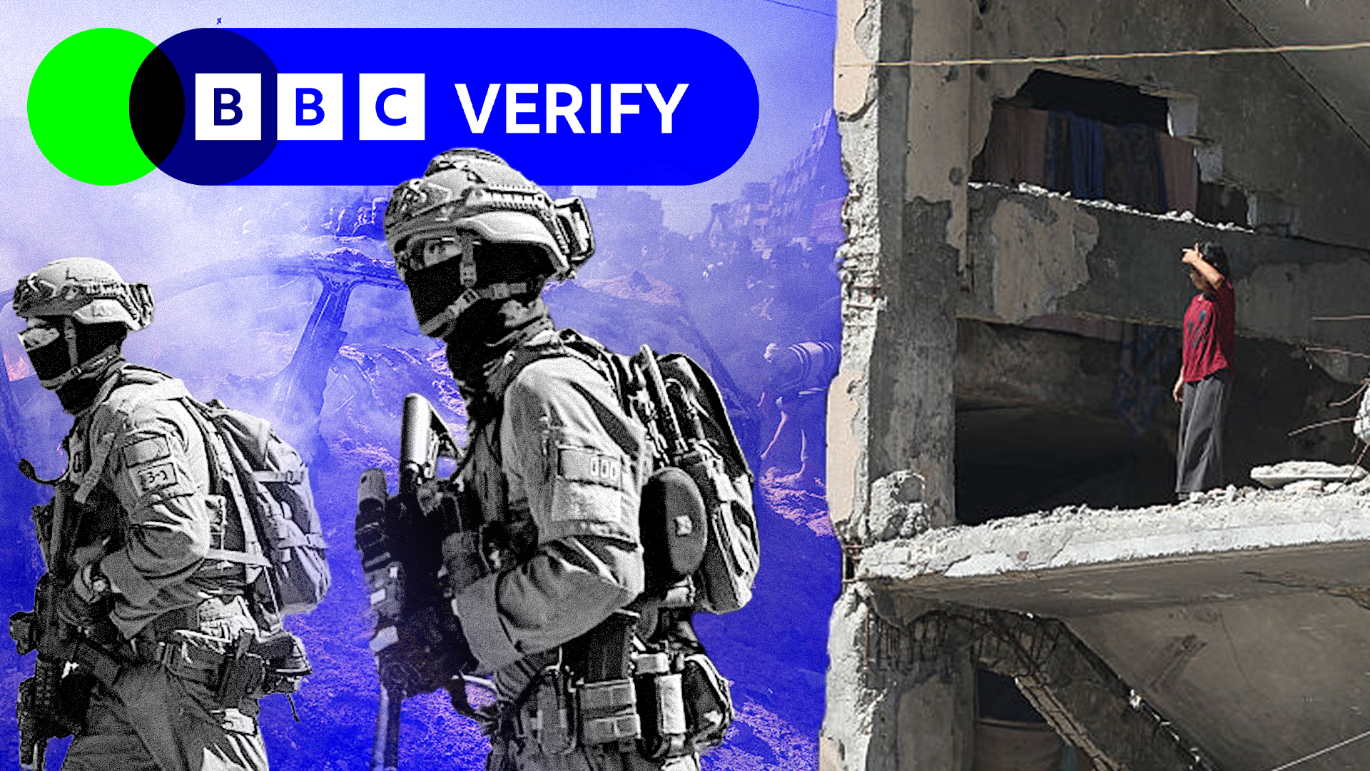 A composite image of Israeli soldiers, a child standing inside a Gaza building where the outside wall has been ripped off, and the remains of a car among smoke and rubble in a blue-scale image, with a BBC Verify lozenge on top.