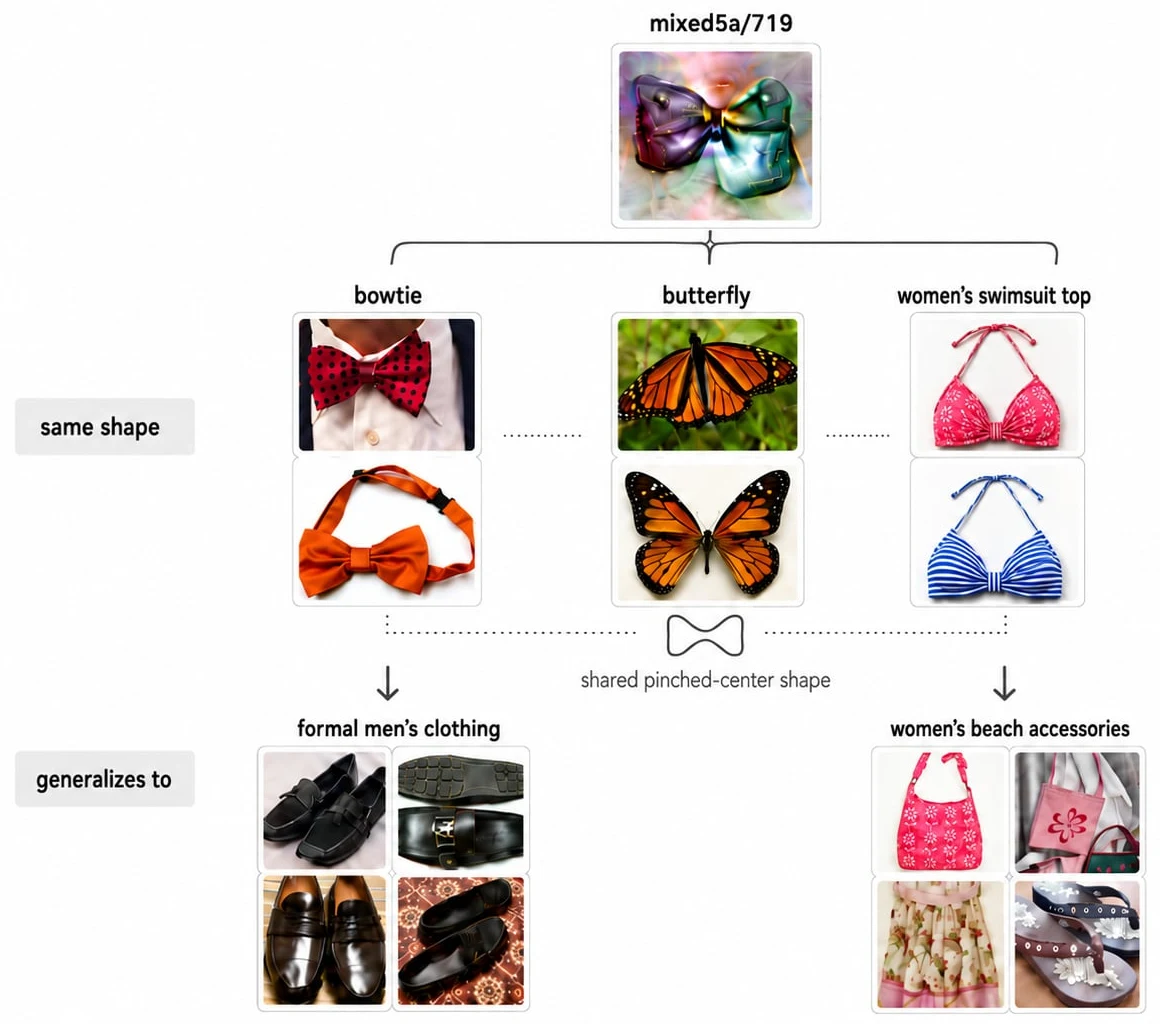 An InceptionV1 neuron, mixed5a/719, that responds to bow ties, butterflies, and swimsuit tops, and generalizes to men’s shoes and women’s beach accessories.