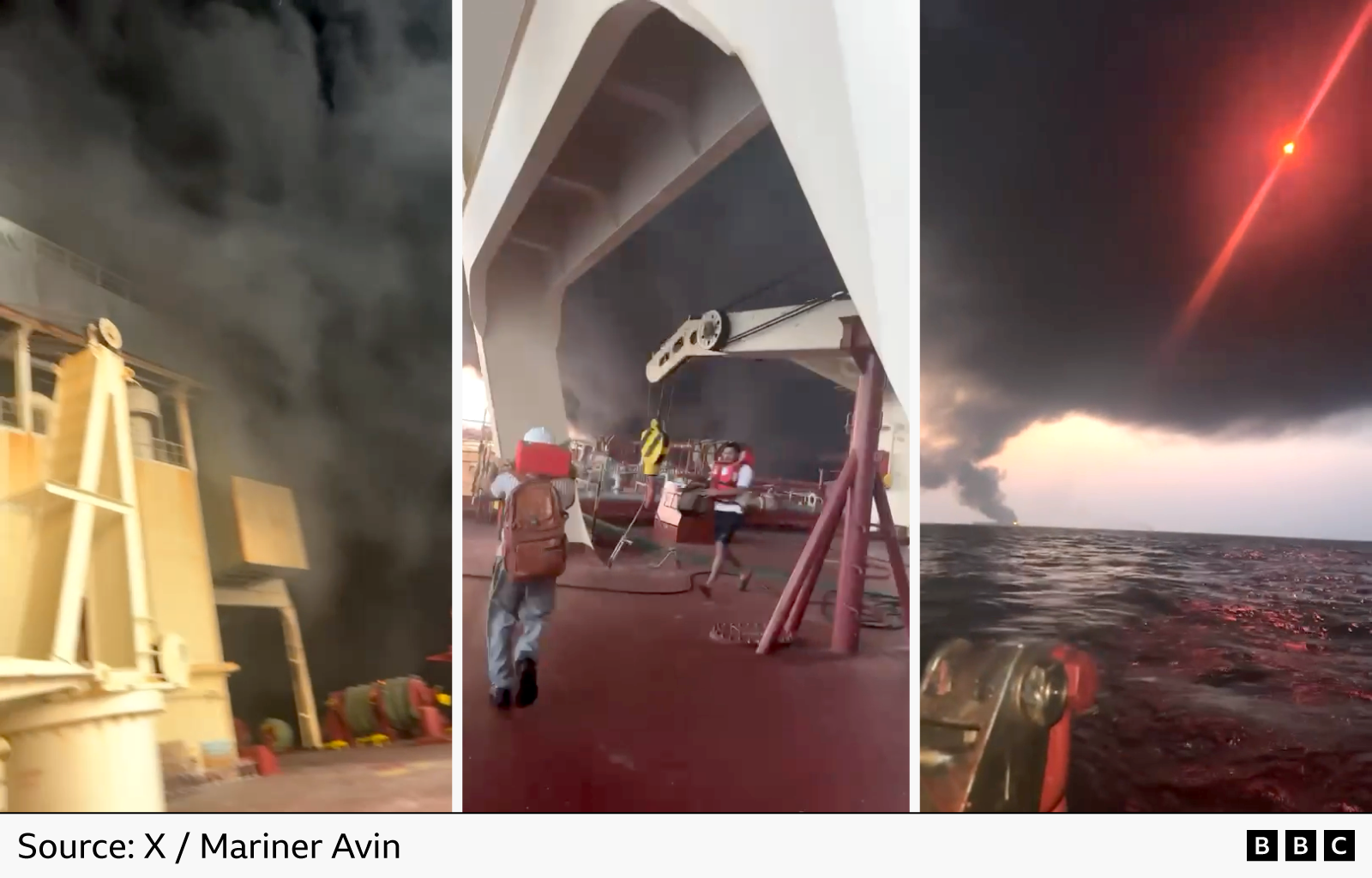 Three images from a ship at sea showing smoke rising on the horizon. In the left image, thick dark smoke billows into the night sky beside a vessel's deck. In the centre image, crew members wearing safety gear stand on a ship's deck as smoke rises in the distance. In the right image, a large plume of smoke is visible over the sea, illuminated by a red flare or light in the sky. Source: X / Mariner Avin.