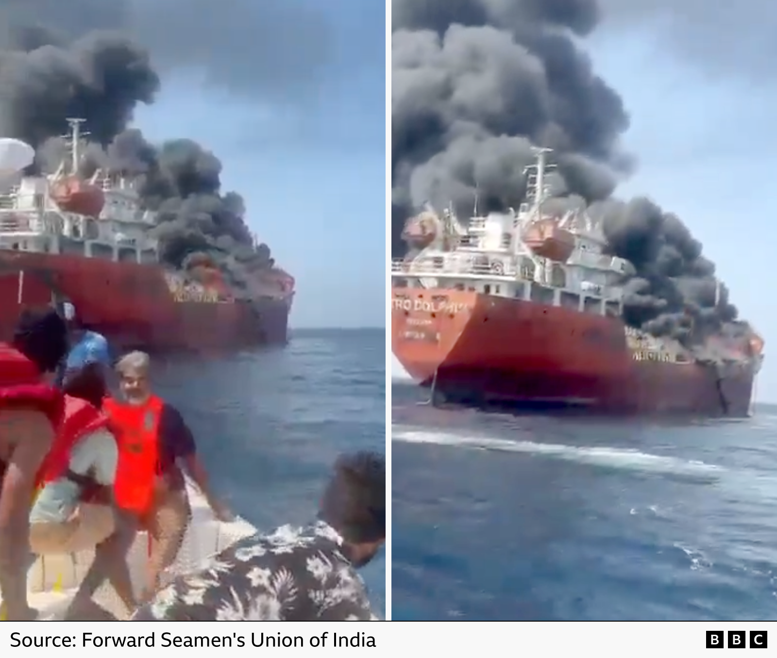 Two images showing a tanker on fire - taken from a smaller boat