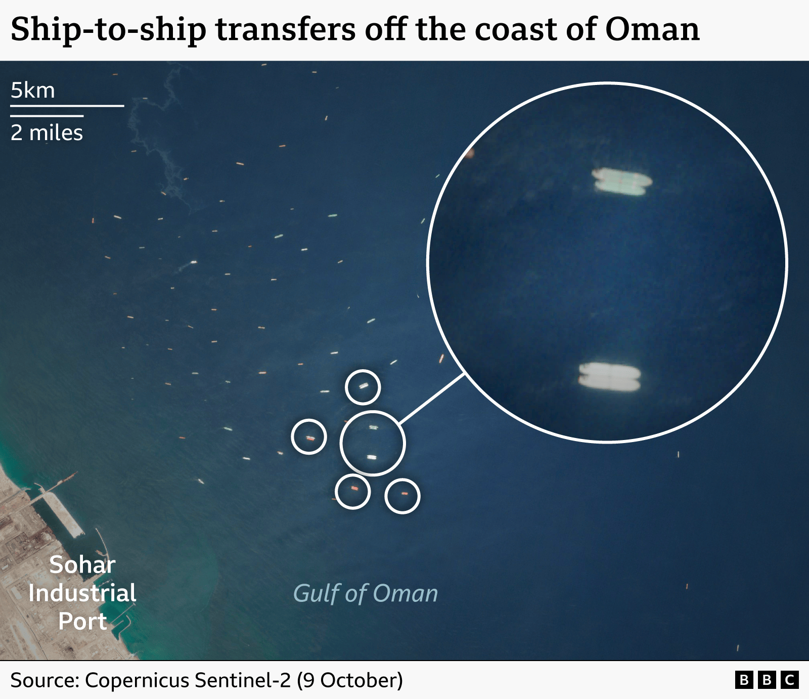 An annotated satellite image showing a number of tankers carrying out ship-to-ship transfers off the coast of Oman