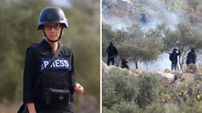 Split image of Lucy, wearing press vest and hard hat, and settlers with trees and smoke