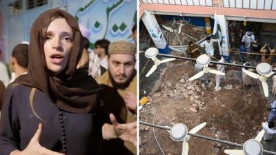 Composite image showing Carrie Davies and a pile of rubble from the collapsed roof
