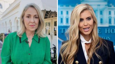 Split screen of a woman outside in a green top and a woman indoors in a suit. 