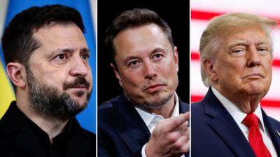 Split screen image. On the left, Ukraine President Zelensky. In the middle, Elon Musk. On the right, Donald Trump.