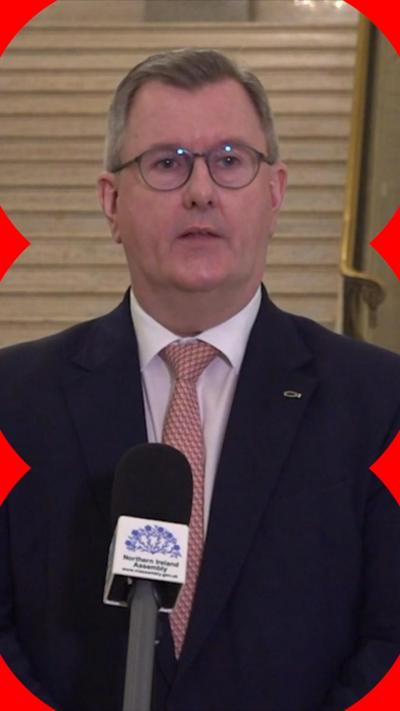 Jeffrey Donaldson has short greying hair. He is wearing glasses, a pink shirt and navy jacket, with a red-patterned tie.