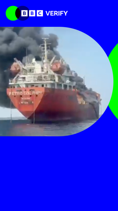 Stills from a video of a vessel in the Strait of Hormuz, following a strike with a large tower of smoke above, in a BBC Verify branded border.