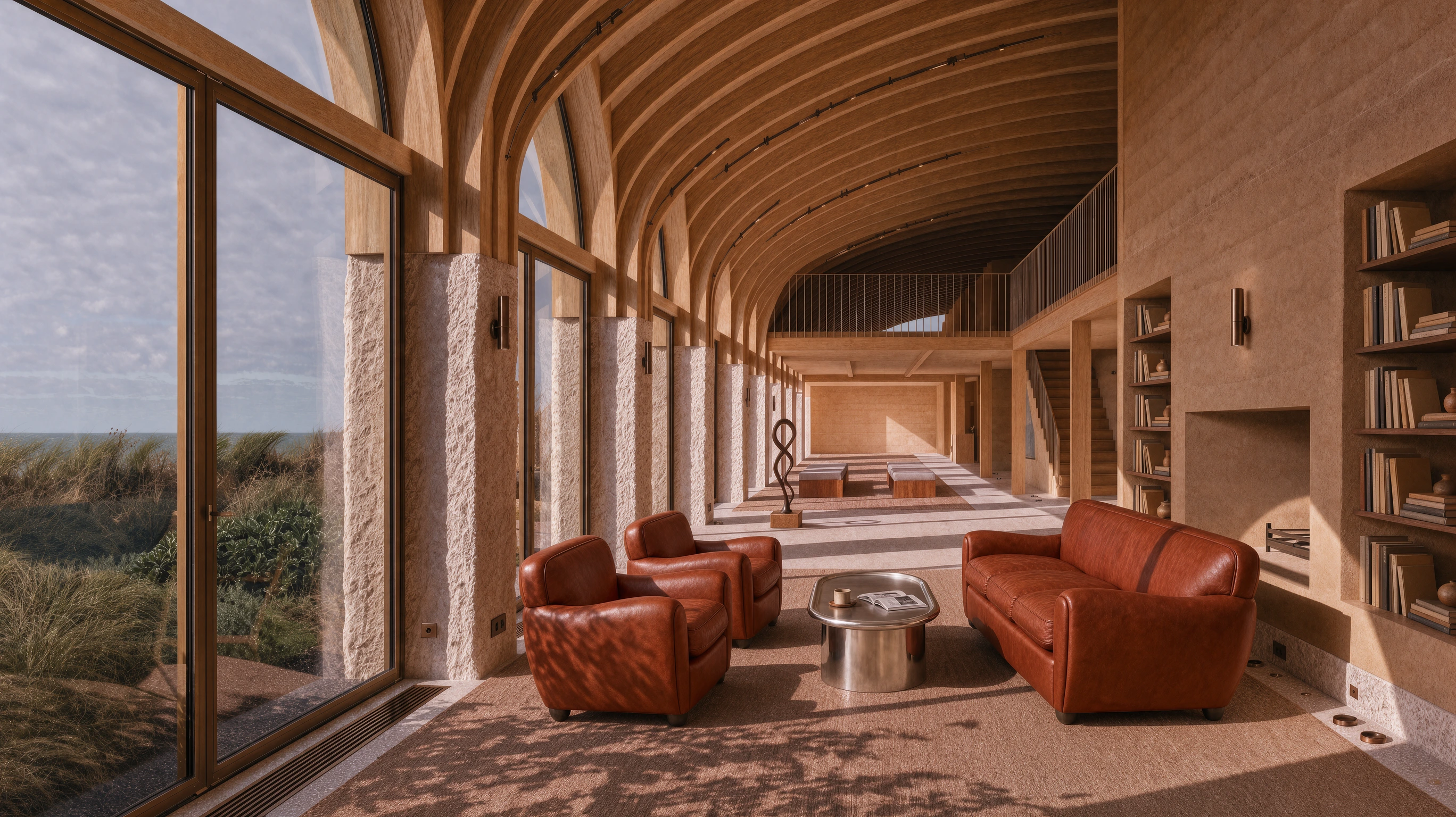 A long vaulted timber reading room by the dunes, with leather armchairs, a steel side table and shelves of books.
